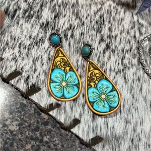 Faux Turquoise and tooled leather Teardrop Earrings